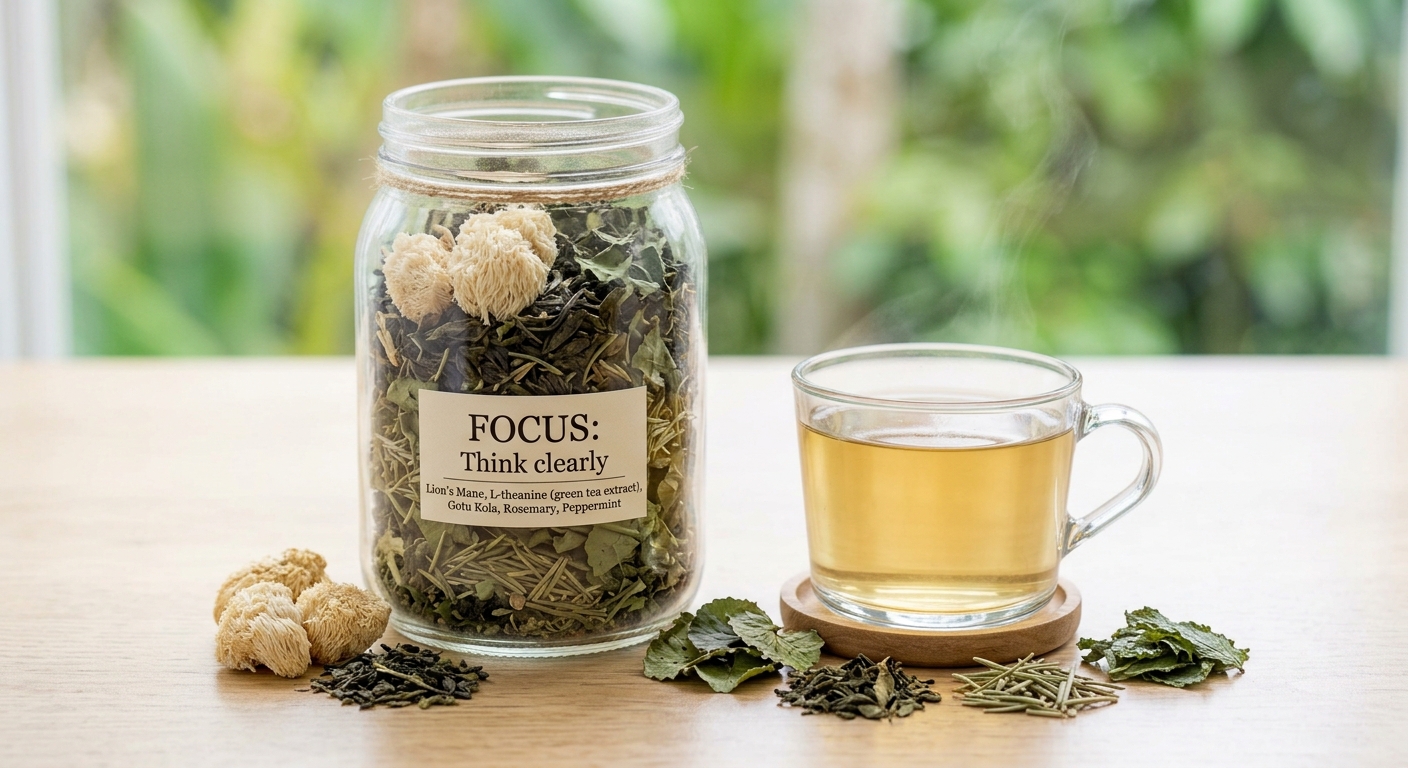 Kanala FOCUS herbal tea blend in a glass jar beside a pale golden brewed cup