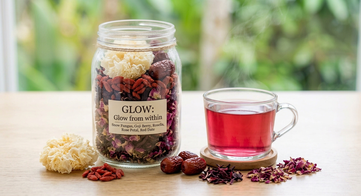 Kanala GLOW herbal tea blend in a glass jar beside a ruby-red brewed cup
