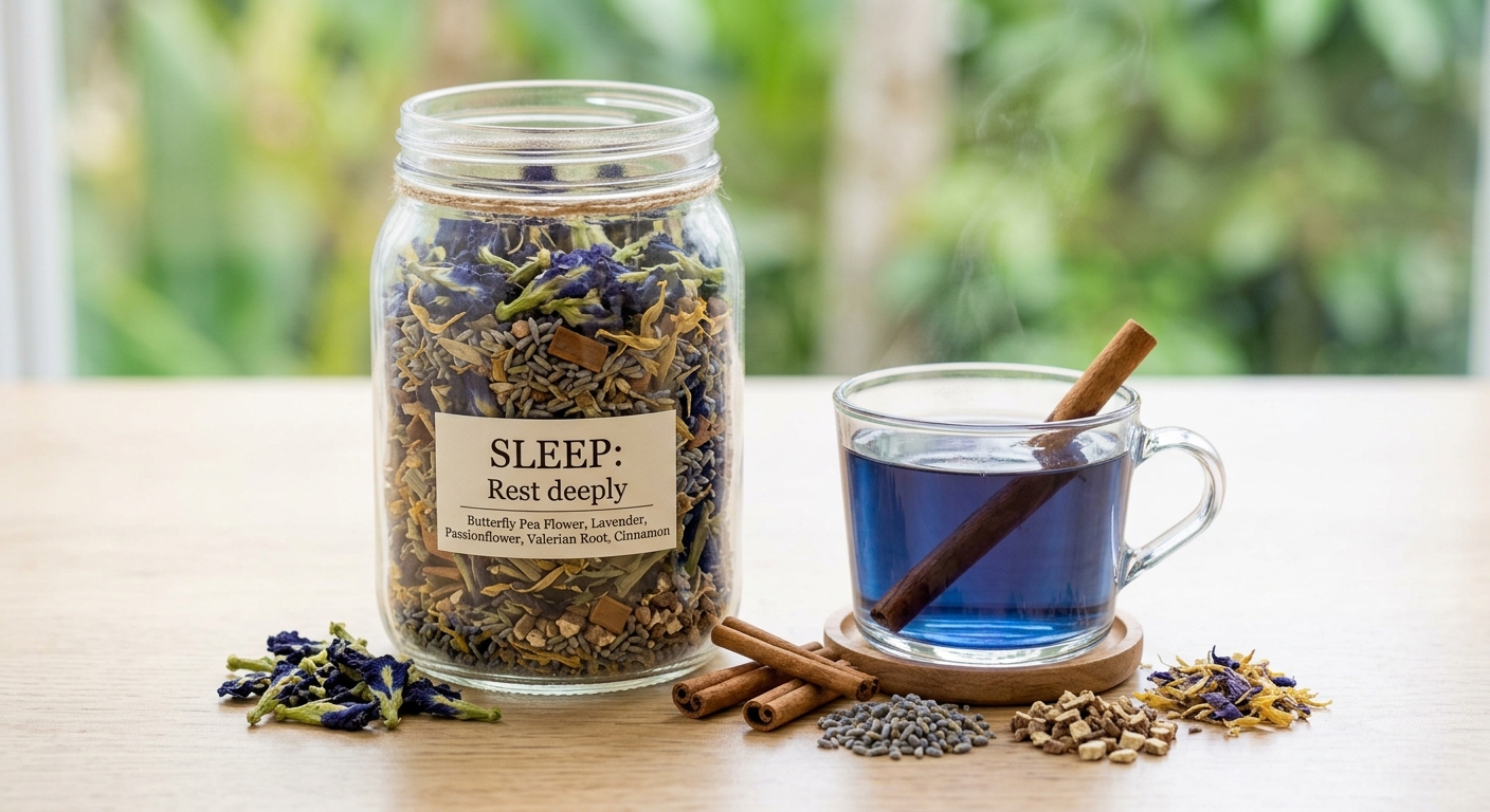 Kanala SLEEP herbal tea blend in a glass jar beside a deep blue brewed cup