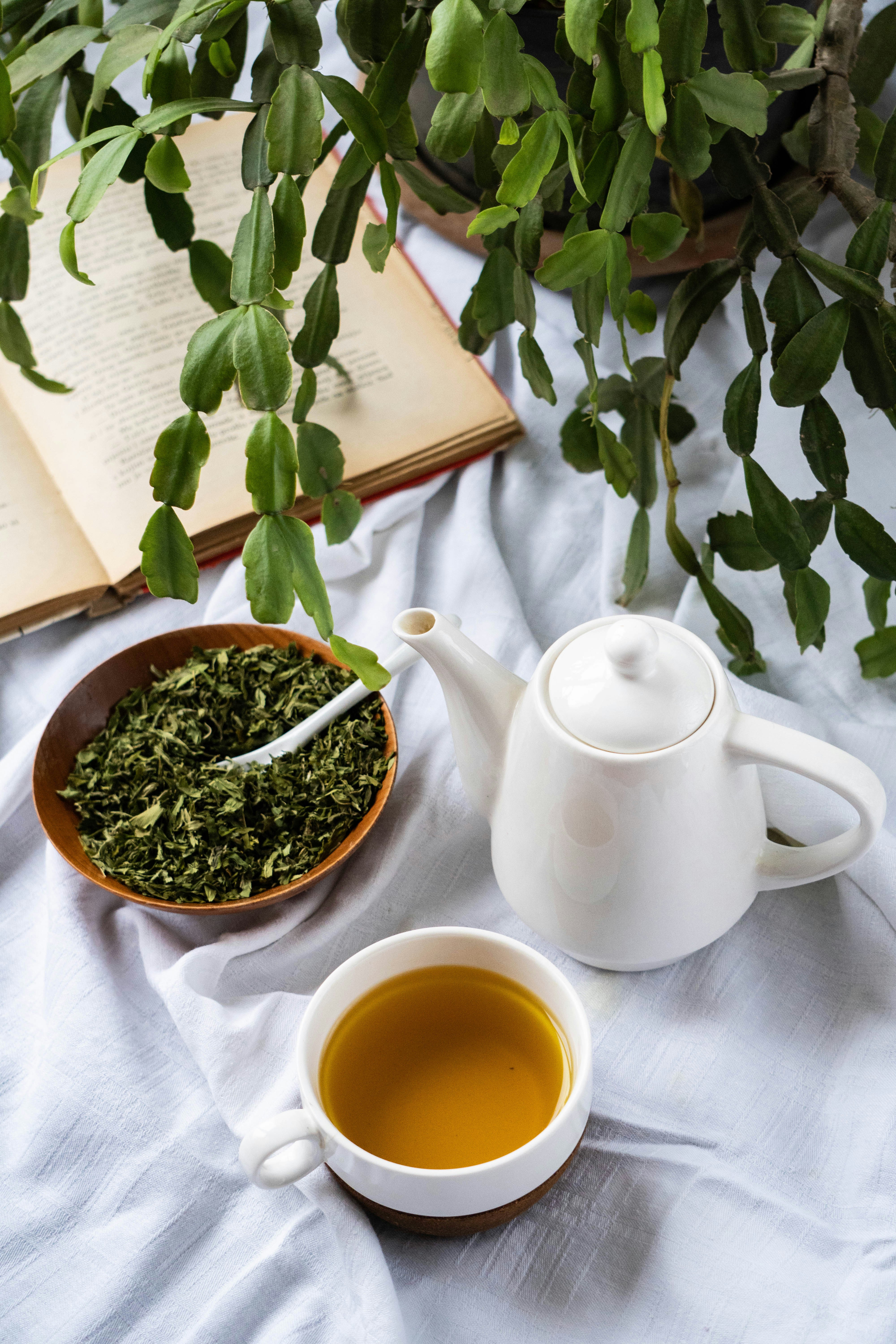 A teapot with freshly dried herbal tea leaves